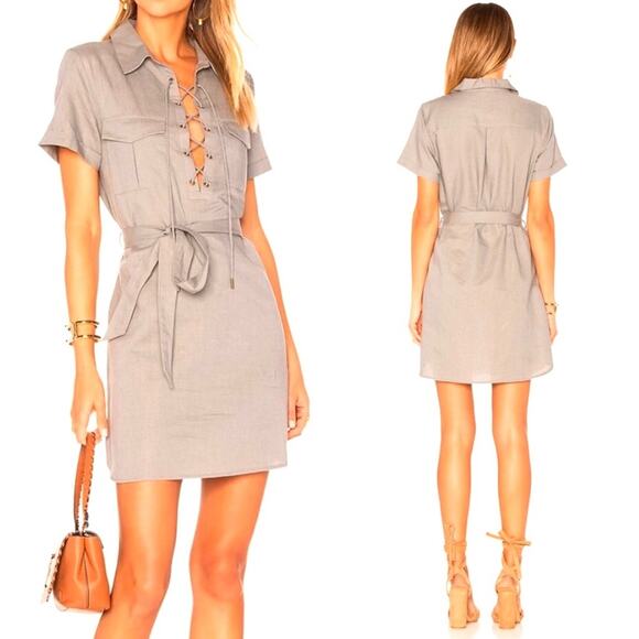 L'ACADEMIE REVOLVE Khaki Tan Cream Safari Lace-Up Short Sleeve Tie Dress Small - Picture 1 of 8